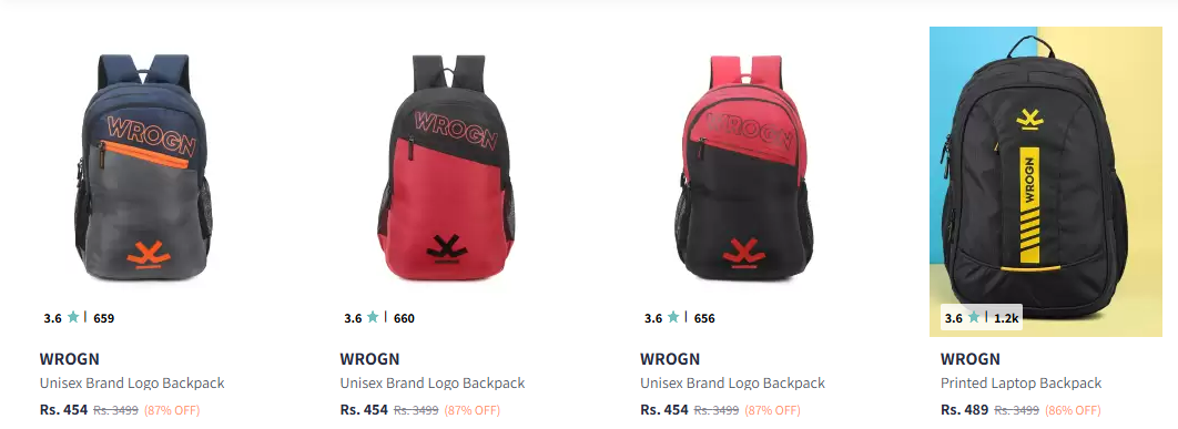 Image of WROGN Unisex Brand Logo Backpack Minimum 80% Discount 