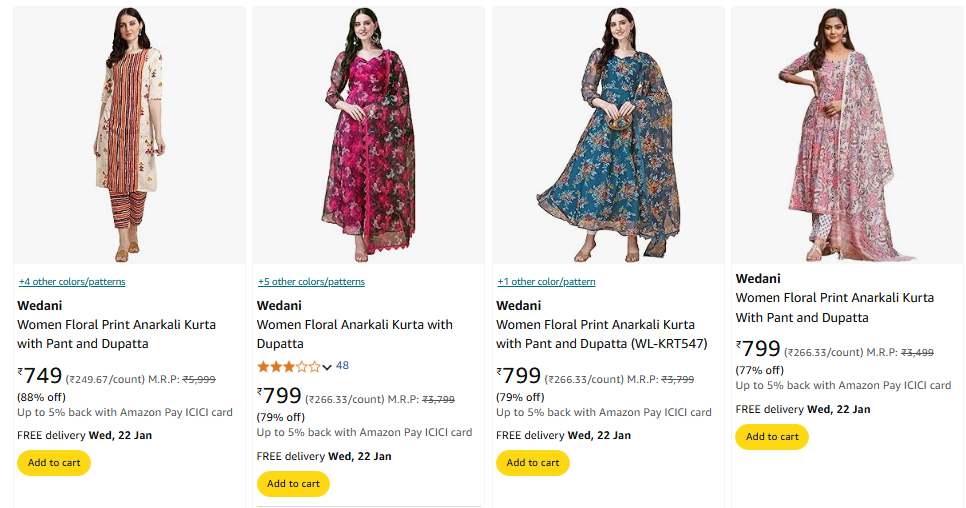 Image of Wedani Anarkali Kurta Set for Women minimum 70% Discount