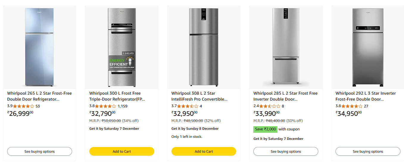 Image of Whirlpool Refrigerators upto 34% Discount+ Extra Coupon Savings