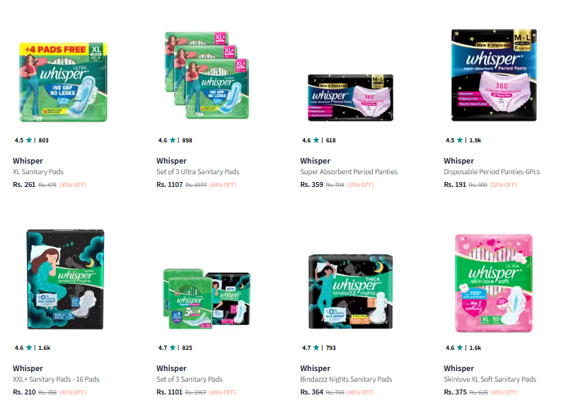 Image of Whisper Pads Products Upto 70% Discount