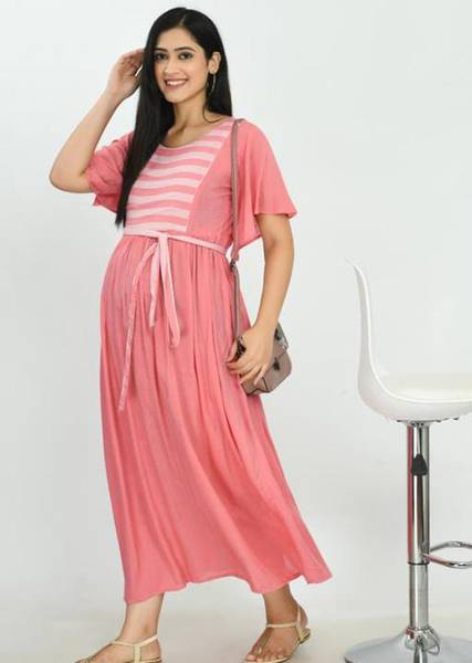 Image of Women Striped Viscose Rayon Flared Kurta (Pink)