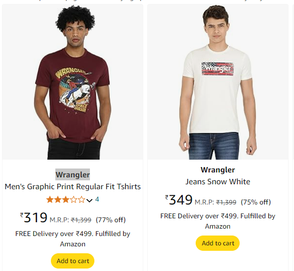 Image of Wrangler Men T Shirt Up To 82% Discount Start at ₹319