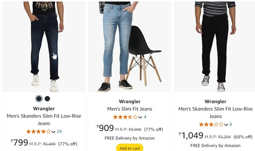 Image of Wrangler Men's Slim Jeans up to 77% discount starting at ₹799