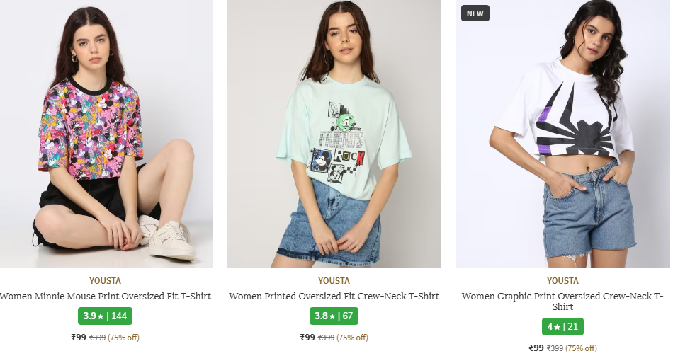 Image of YOUSTA Oversized T-shirts For Women Starting @ ₹99 