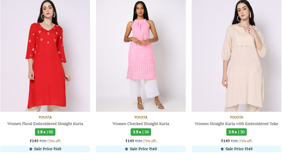 Image of YOUSTA Women Straight Kurta Starting @ ₹149