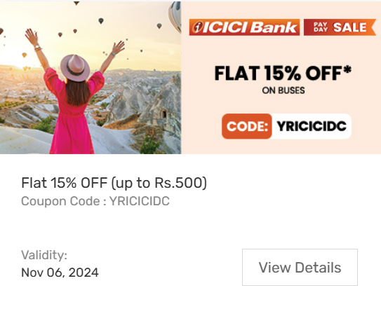 Image of Yatra Coupon: Flat 15% Off on Buses with ICICI Bank Debit Cards