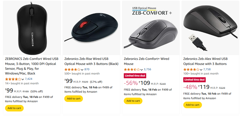 Image of ZEBRONICS Zeb-Comfort Wired USB Mouse Starting Price @₹99