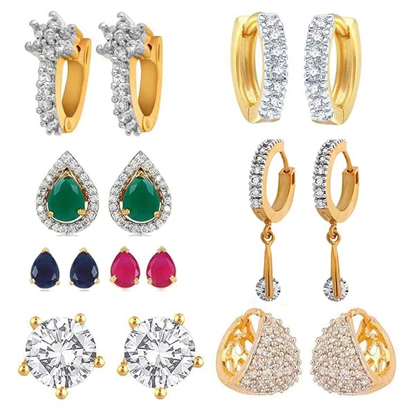 Image of ZENEME Earring Gold Plated American Diamond Earrings Combo Of 8 Pairs