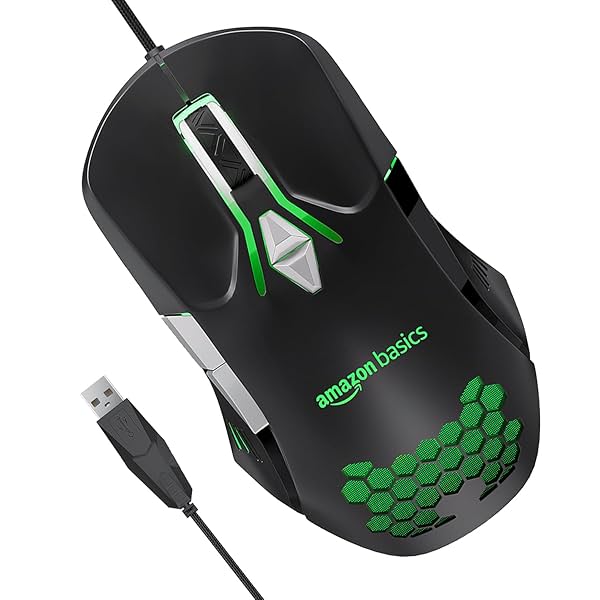 Image of amazon basics Wired Gaming Mouse with Up to 6400 DPI, RGB, 4 Programmable Keys.