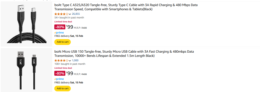 Image of boAt Micro & Type C USB Cable Starting at ₹99