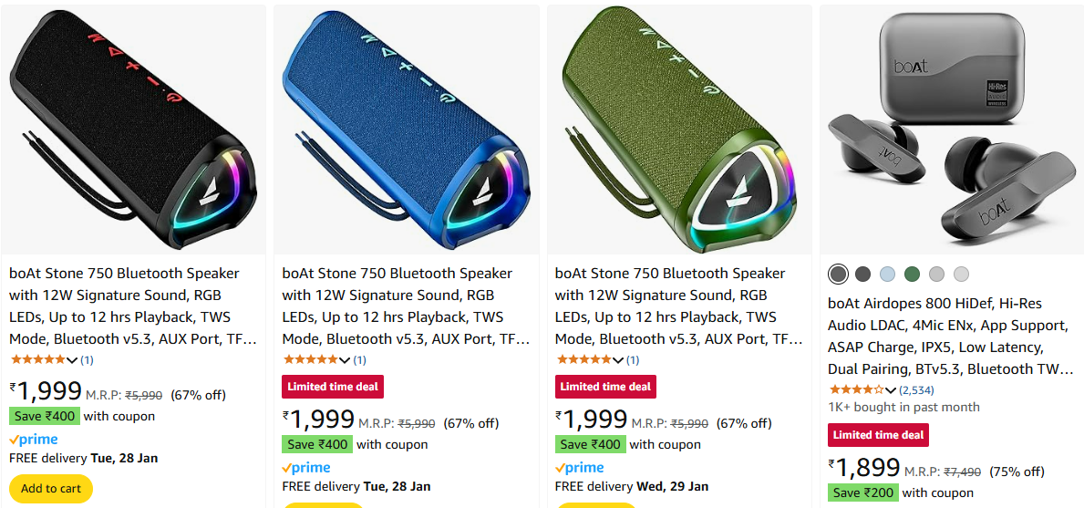 Image of boAt Stone Bluetooth Speakers & Earbuds at Minimum 67% Discount + Up to ₹400 Coupon is Applicable