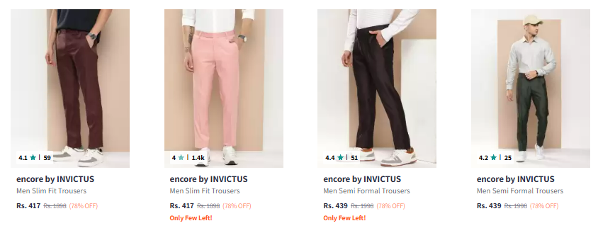 Image of encore by INVICTUS Men Slim Fit Trousers Starting Price @₹417