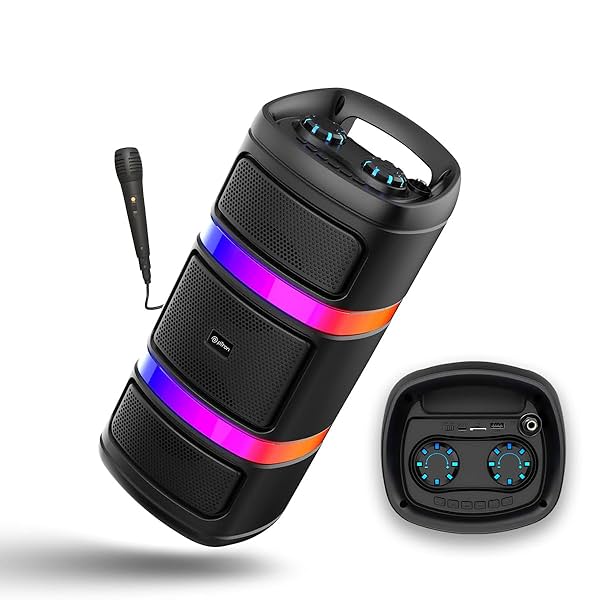 Image of pTron Fusion Quad 40W Bluetooth Karaoke Party Speaker with 3M Wired Mic & Vivid RGB Lights.