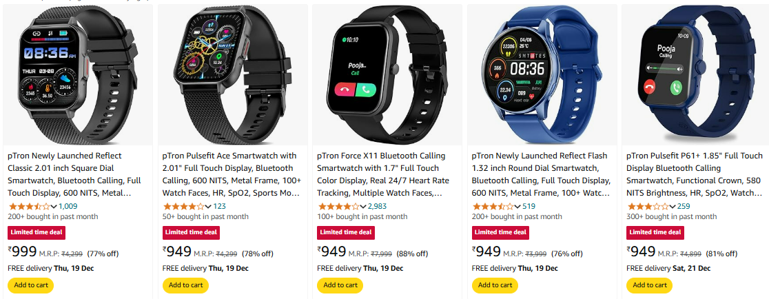 Image of pTron Smartwatch up to 88% Discount