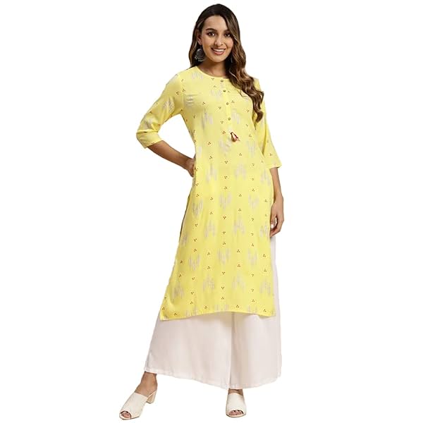 Image of rangita Yellow Rayon Calf Length Printed Straight Kurti for Women | Kurta for Women