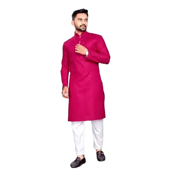 Image of weltpocket Men's Cotton Blend Solid Straight Kurta 