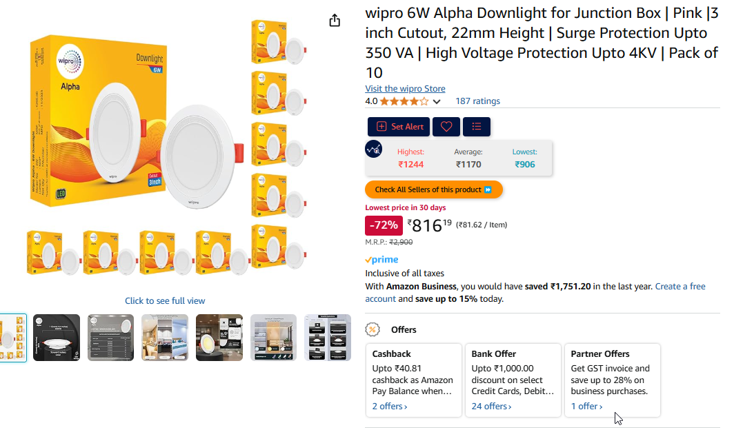 Image of wipro 6W Alpha Downlight for Junction Box