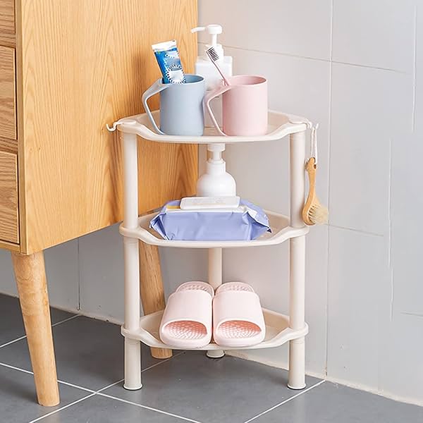 Image of wolpin Bathroom Shelf Stand Plastic 3 Tier Shelves with Hooks Corner Kitchen Bathroom Multipurpose Holder Bathroom Stora